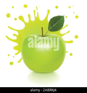juicy green apple with a splash of juice on a white background Stock Vector