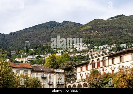 View of the mountains behind Locarno with the station of the funicular to Madonna del Sasso church, Canton Ticino, Switzerland Stock Photo