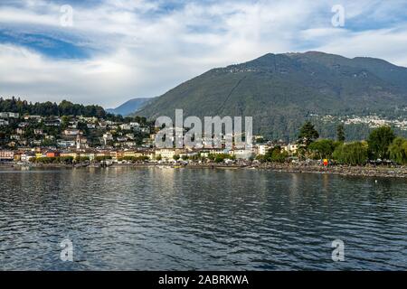 View of Ascona from the ferry sailing on Lake, Canton Ticino, Switzerland,. Stock Photo