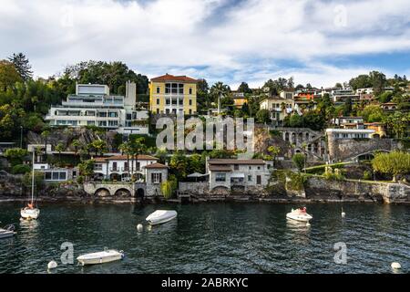 Luxury villas in Ascona on the shores of Lake Maggiore, Canton Ticino, Switzerland Stock Photo