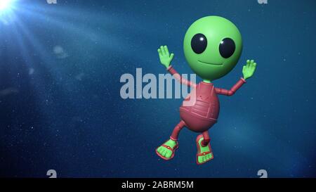 cute little alien cartoon character is waving his hand in empty space lit by the Sun Stock Photo