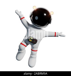 cute cartoon astronaut in white space suit is happy in zero gravity space Stock Photo