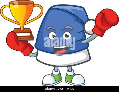 Super cool Boxing winner blue christmas hat in mascot cartoon style Stock Vector