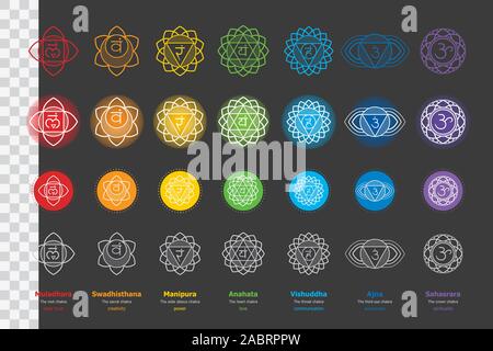 Chakras set of human body - vector drawing Sahasrara, Ajna, Vishuddha, Anahata, Manipura, Svadhisthana, Muladhara. Used in Ayurveda, Hinduism and Yoga Stock Photo