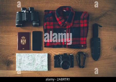 Outdoor adventurer travel equipment flat lay Stock Photo