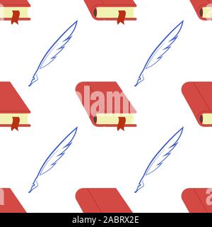 Red Book and Feather Seamless Pattern on White Background Stock Vector