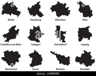 Black outline maps of the 12 most populous cities of the Federal Republic of Germany Stock Vector