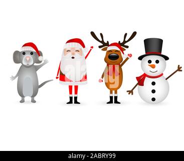 Santa Claus, Christmas reindeer with a snowman and a mouse on a white Stock Vector