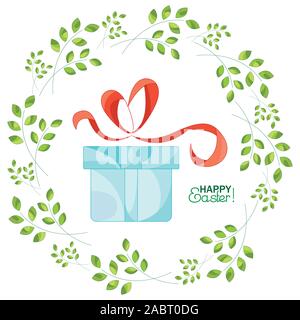 Gift on a background with sprigs. Happy Easter! Stock Vector