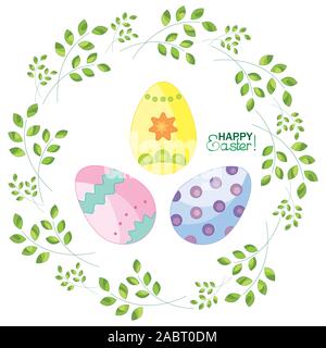 Easter eggs on a background with sprigs. Happy Easter! Stock Vector