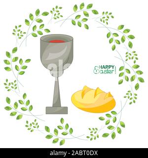Lord's Supper, communion, Bread and Wine on a background with sprigs. Happy Easter! Stock Vector