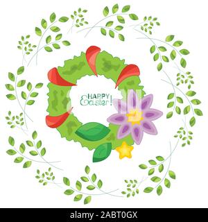 Easter wreath on a background with sprigs. Happy Easter! Stock Vector