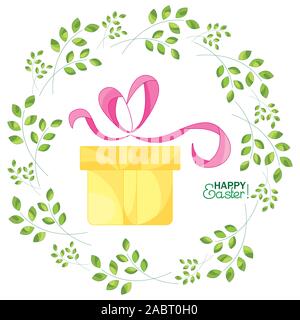 Gift on a background with sprigs. Happy Easter! Stock Vector