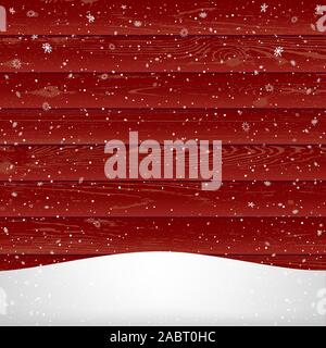 winter snowfall on red wood background Stock Vector