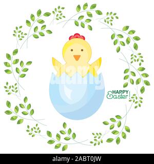 Chicken in the eggshell on a background with sprigs. Happy Easter! Stock Vector