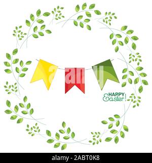 Flags garland, holiday decoration on a background with sprigs. Happy Easter! Stock Vector