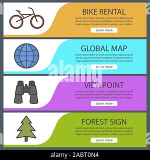 Outdoor recreation banner templates set. Easy to edit. Bike, globe, binoculars, fir tree. Website menu items. Color web banner. Vector headers design Stock Vector