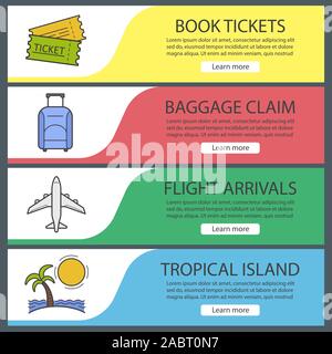 Vacation and travel banner templates set. Easy to edit. Tickets, suitcase on wheels, airplane flight, tropical island. Website menu items. Color web b Stock Vector