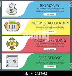 Banking and finance banner templates set. Easy to edit. Money bag, income calculation and spending, safe deposit box. Website menu items. Color web ba Stock Vector