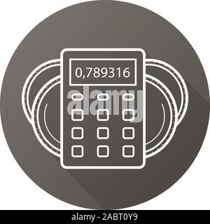 Income calculations flat linear long shadow icon. Calculator with coins. Financial planning. Vector line symbol Stock Vector