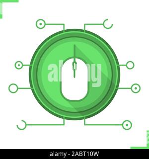 Network access flat design long shadow icon. Computer mouse in microchip pathways. Vector silhouette symbol Stock Vector