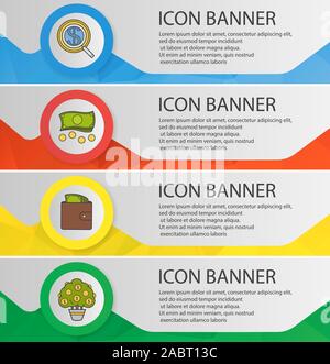 Banking and finance banner templates set. Easy to edit. Investor search, purse with money, cash, money tree website menu items. Color polygonal web ba Stock Vector