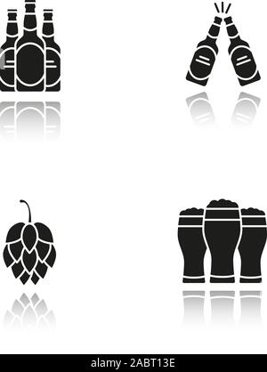 Beer drop shadow black icons set. Hop cone, beer bottles and glasses. Isolated vector illustrations Stock Vector