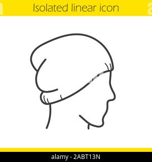 Winter hat linear icon. Thin line illustration. Ski cap on mannequin's head. Contour symbol. Vector isolated outline drawing Stock Vector