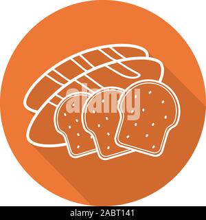 Bread flat linear long shadow icon. Grocery store bakery. Grain products. Toasts and long loaf. Vector line symbol Stock Vector
