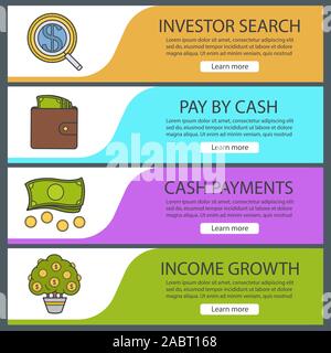 Banking and finance banner templates set. Easy to edit. Investor search, purse with money, cash stack, money tree. Website menu items. Color web banne Stock Vector