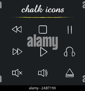 Music player interface chalk icons set. Next and previous, stop, pause, listen, play, mute on and off, open file buttons. Audio player isolated vector Stock Vector
