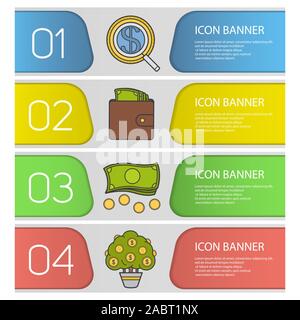 Banking and finance banner templates set. Easy to edit. Investor search, purse with money, cash stack, money tree. Website menu items. Color web banne Stock Vector