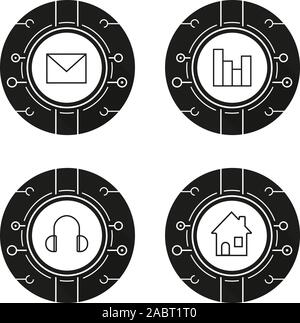 Cyber technology icons set. Music, statistics, email and smart house concepts. Letter, headphones, chart and home. Vector white illustrations in black Stock Vector