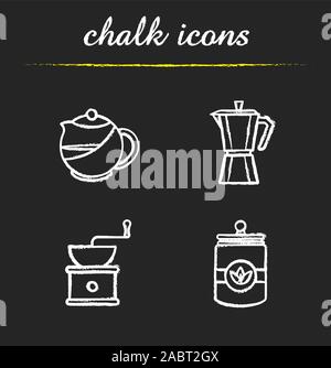 Tea and coffee chalk icons set. Teapot, vintage coffee beans grinder, tea jar, moka pot. Isolated vector chalkboard illustrations Stock Vector
