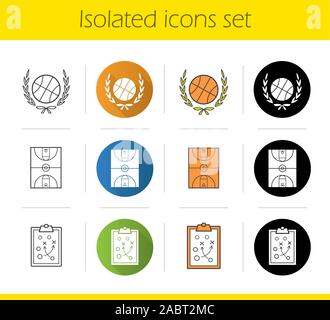 Basketball icons set. Flat design, linear, black and color styles. Ball in laurel wreath, court, clipboard game plan. Isolated vector illustrations Stock Vector