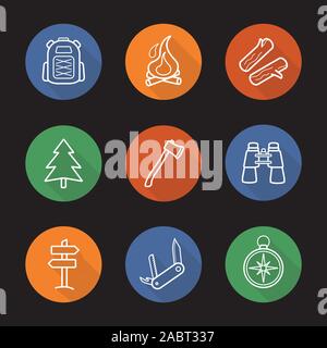 Camping flat linear long shadow icons set. Backpack, campfire, firewood, fir tree, axe, binoculars, wooden way direction, pocket knife, compass. Vecto Stock Vector