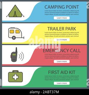 Camping and tourism banner templates set. Easy to edit. Tent, trailer, walkie talkie, first aid kit. Website menu items. Color web banner. Vector head Stock Vector