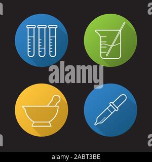 Chemical laboratory flat linear long shadow icons set. Lab tools. Test tubes, beaker with rod and liquid, mortar and pestle, pipette. Vector line symb Stock Vector