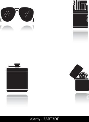 Men's accessories drop shadow black icons set. Alcohol hip flask, open cigarette pack, sunglasses and flip lighter. Isolated vector illustrations Stock Vector