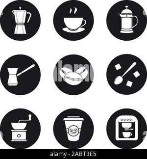 Coffee icons set. Espresso machine, classic coffee maker, steaming mug on plate, french press, turkish cezve, spoon with sugar cubes, hand mill. Vecto Stock Vector