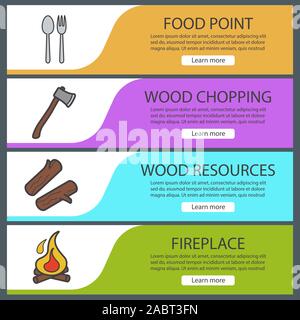 Picnic banner templates set. Easy to edit. Firewood, axe, spoon and fork, bonfire. Website menu items. Color web banner. Vector headers design concept Stock Vector