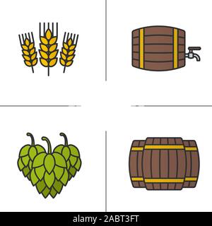 Beer color icons set. Alcohol wooden barrels, hop cones, wheat ears. Beer brewery. Isolated vector illustrations Stock Vector