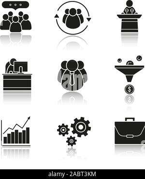 Business drop shadow black icons set. Teamwork, sales funnel, work management, growth chart, conference speaker podium, cogwheels, briefcase and offic Stock Vector