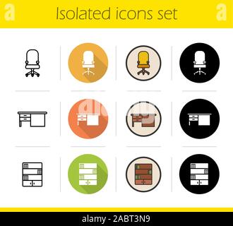 Furniture icons set. Flat design, linear, black and color styles. Computer chair on wheels, writing desk, bookcase. Isolated vector illustrations Stock Vector