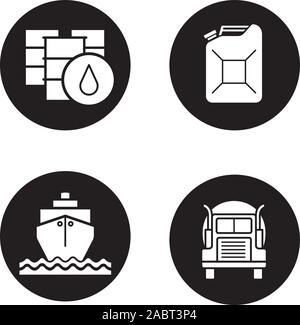 Petroleum industry icons set. Oil barrels and gasoline jerrycan, cargo ship and transportation tank truck. Vector white silhouettes illustrations in b Stock Vector