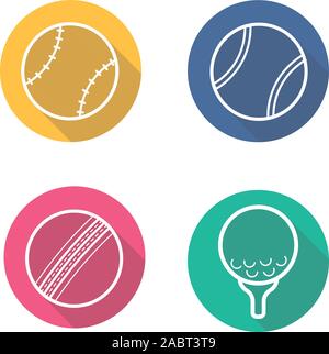 Sport game balls flat linear long shadow icons set. Baseball, tennis, cricket and golf ball on tee. Sport equipment. Vector line symbols Stock Vector