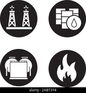 Oil industry icons set. Oil rig, barrels and storage, flammable sign. Vector white silhouettes illustrations in black circles Stock Vector