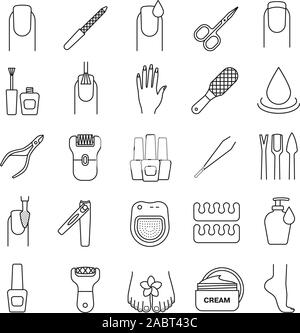 Manicure and pedicure linear icons set. Nail polish, scissors, epilator, spa bath, soap, cream, tweezers, foot rasp, cuticle nipper. Thin line contour Stock Vector