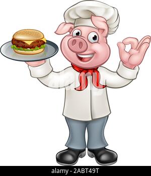 Chef Pig Holding Burger Stock Vector