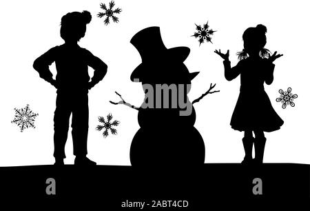 Silhouette Christmas Children Building Snowman Stock Vector